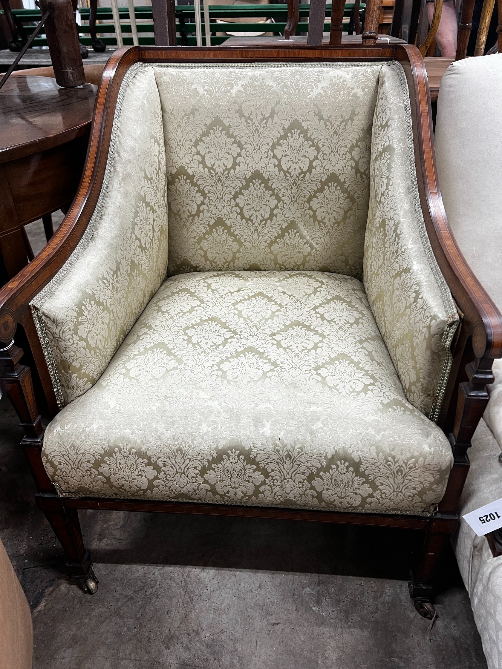 An Edwardian satinwood banded mahogany armchair, width 63cm depth 70cm height 83cm